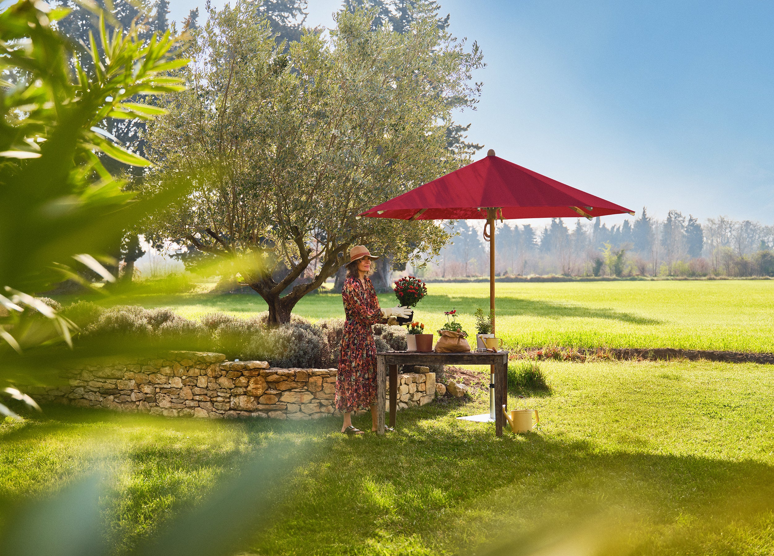 Glatz® Teakwood teakhouten stokparasol, in verschillende afmetingen beschikbaar, Keuze uit 66 stofkleuren.