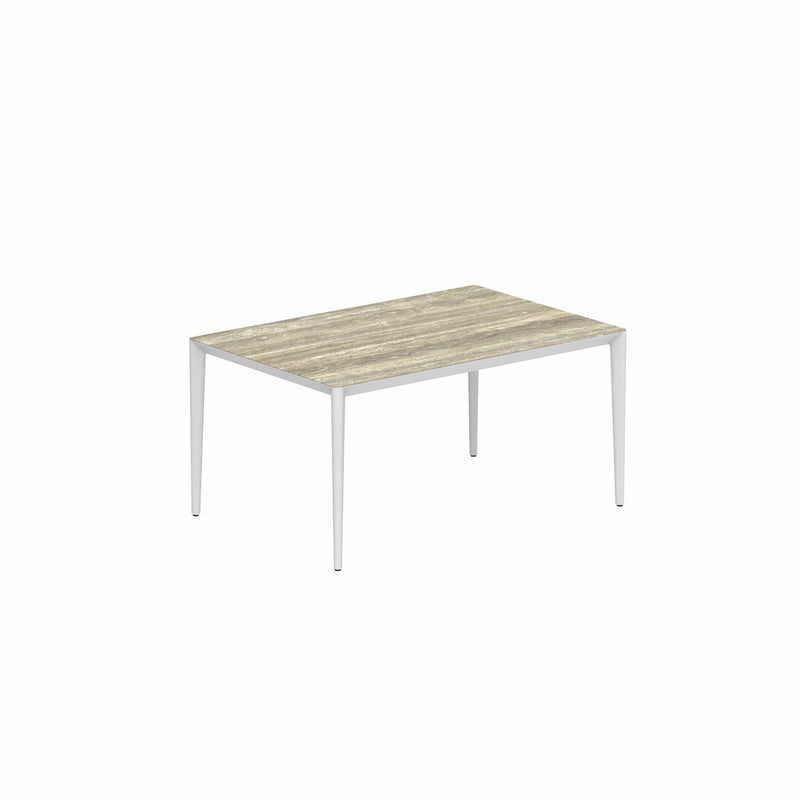 Royal Botania Tafel Gepoedercoat aluminium wit / Travertino Royal Botania U-nite Tafel 100x150x75cm. Diverse kleuren frames en tafelbladen mogelijk.