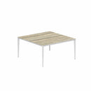 Royal Botania Tafel Gepoedercoat aluminium wit / Travertino Royal Botania U-nite Tafel  150x150x75cm. Diverse kleuren frames en tafelbladen mogelijk.