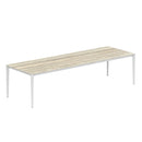 Royal Botania Tafel Gepoedercoat aluminium wit / Travertino Royal Botania U-nite Tafel 300x100x75cm. Diverse kleuren frames en tafelbladen mogelijk.