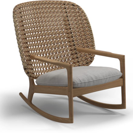 Gloster Kay high back rocking chair, verkrijgbaar in 3 verschillende soorten stofferingen en een hele range aan kleuren.