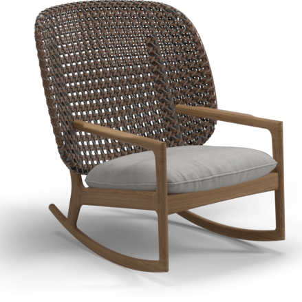 Gloster Kay high back rocking chair, verkrijgbaar in 3 verschillende soorten stofferingen en een hele range aan kleuren.